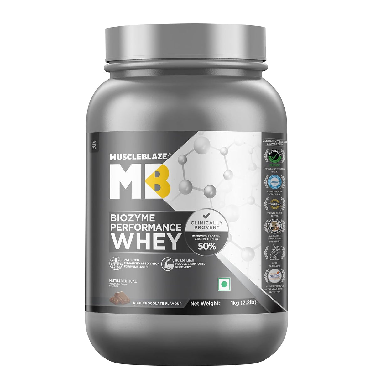MuscleBlaze Biozyme Performance Whey Protein Powder, Rich Chocolate (1kg / 2.2lbs)